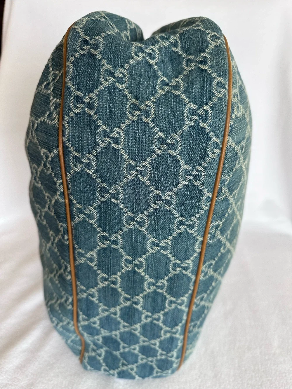 Gucci Blue Denim Monogram Shoulder Bag with Brown Leather Trim - Picture 6 of 9